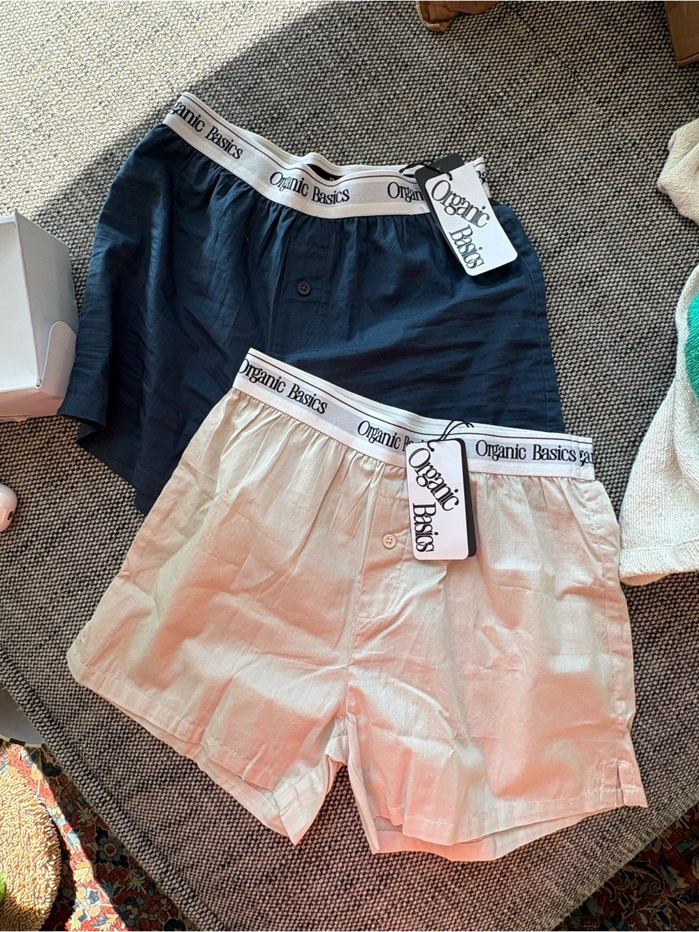 Organic Basics Boxer Shorts Set in Navy and cream white XS nwt